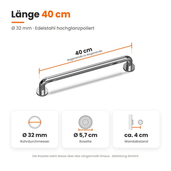 Edelstahl Haltegriff in hochglanzpolierter Ausführung mit 40 Zentimeter Länge und 32 Millimeter Rohrdurchmesser sowie 4 Zentimeter Wandabstand.