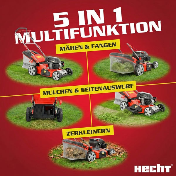 5 in 1 Multifunktions Rasenmäher von Hecht beim Mähen, Fangen, Mulchen, mit Seitenauswurf und beim Zerkleinern von Gras.
