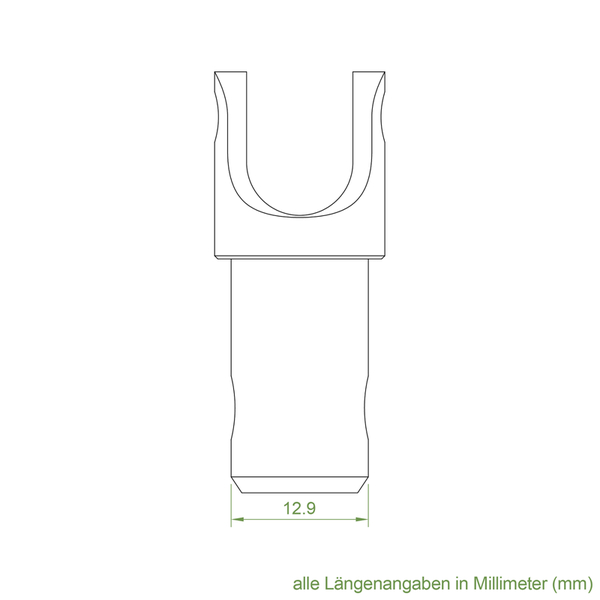 Technische Zeichnung eines Kabelschuhs mit Gabelform und Maßangabe