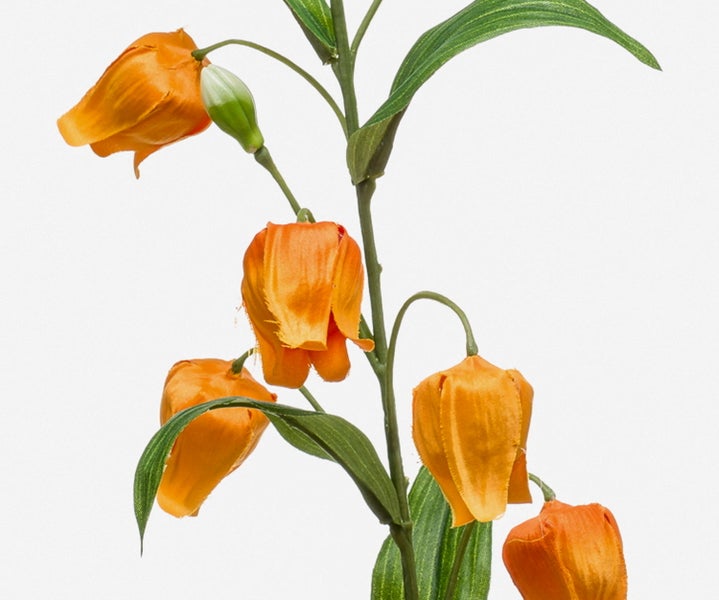 Künstliche Sandersonia Laternenlilie mit orangefarbenen Blüten und grünen Blättern an einem langen Stiel.