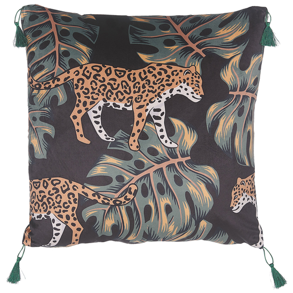 Quadratisches Zierkissen mit Leoparden und Dschungelblättern Motiv sowie Quasten an den Ecken