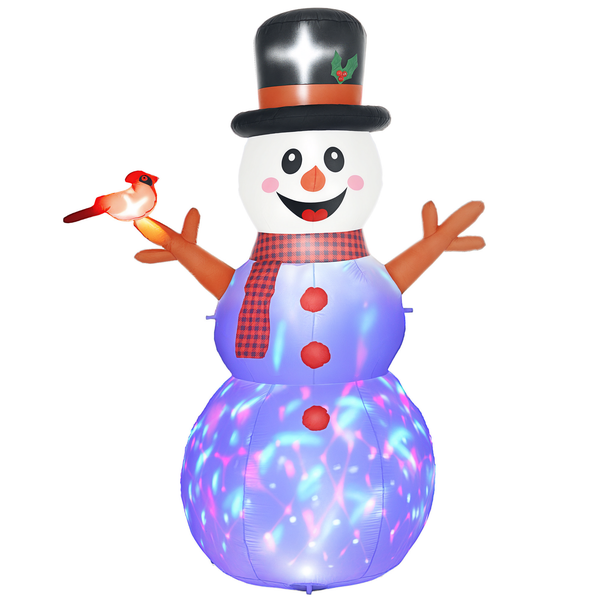 Aufblasbarer Schneemann mit Zylinder, Schal und Vogel. Unterkörper mit bunten LED-Lichteffekten beleuchtet. Weihnachtsdekoration für außen.