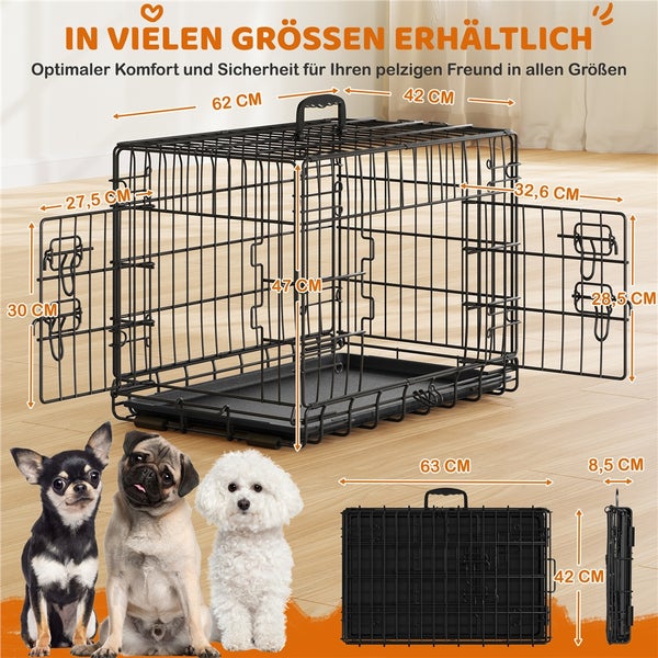 Schwarze Hundebox aus Metall mit zwei Türen und herausnehmbarer Wanne sowie Maßangaben und drei kleinen Hunden