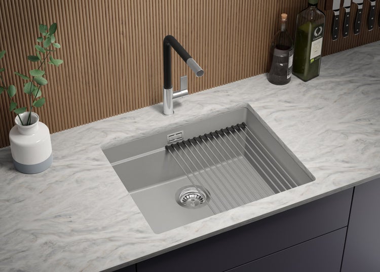 PRIMAGRAN Unterbauspüle Granit Grau 56x47cm, Spülbecken 1 Becken + Ablauf-Set + Aufrollbare Abtropffläche, Granitspüle ab 60er Unterschrank - Praga