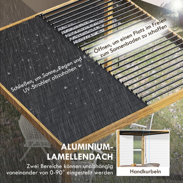 Outsunny Pergola, UV-Schutz, mit Verstellbarem Dach, für Hof, Balkon, 3 x 3 m, Alu, Natur