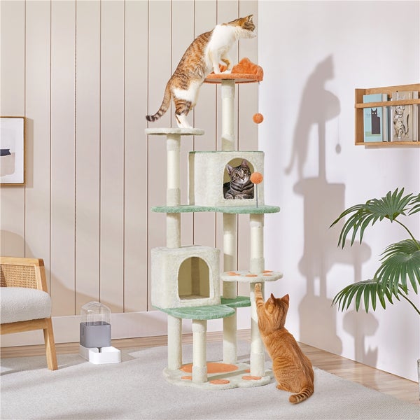 Katzenkratzbaum mit mehreren Ebenen, zwei Katzenhäusern und drei Katzen