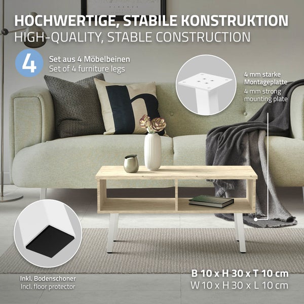 ML-Design 4er Set Tischbeine schräg H:30 cm, Weiß glänzend, aus pulverbeschichtetem Stahl, eckig, Profil 4x4 cm, I-Form, Möbelfüße Metall 96° Neigung, Tischfüße Möbelbeine für Couchtisch, Sitzbank
