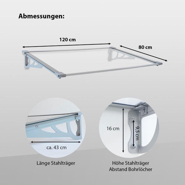 Maßzeichnung eines Haustürvordaches mit Wandhaltern und detaillierten Angaben zu Breite, Tiefe und Bohrabstand der Stahlträger in Zentimeter.