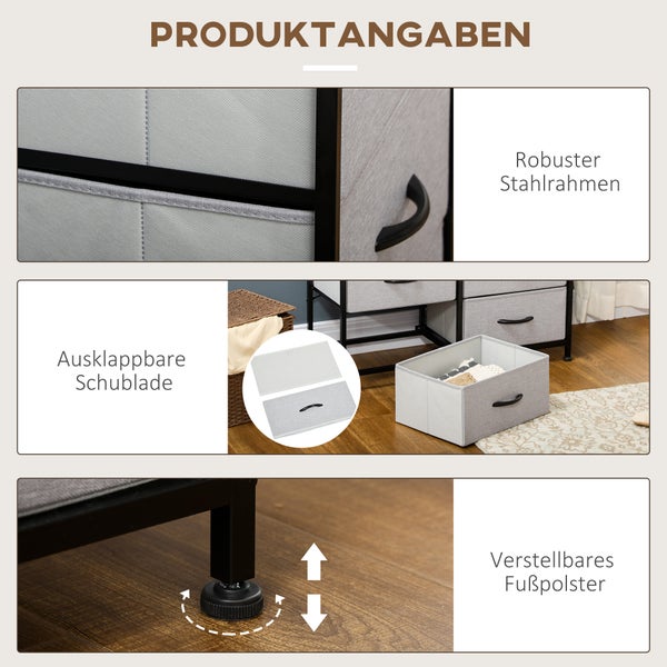 HOMCOM Kommode Sideboard mit 6 klappbaren Stoffschubladen, Schubladenschrank mit Arbeitsplatte, Griff, Mehrzweckschrank mit Kippschutz, für Wohnzimmer Schlafzimmer, Grau