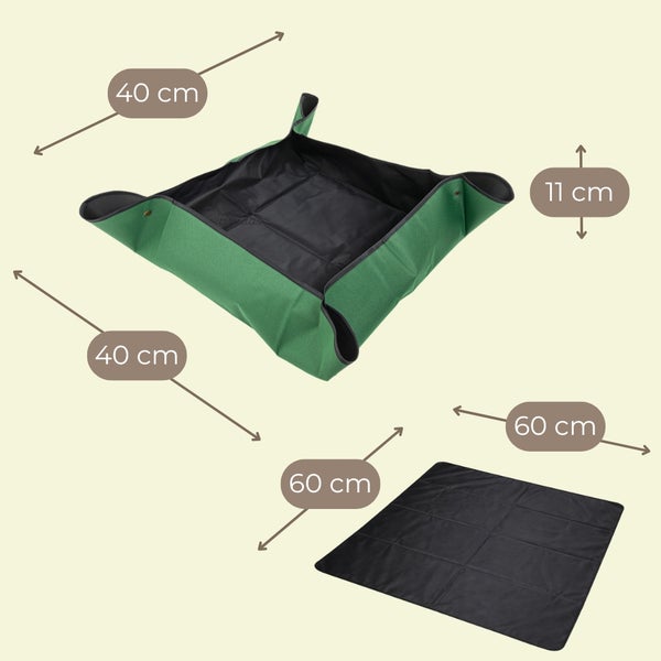 Umtopfmatte für sauberes Pflanzen. Flache Maße 60 mal 60 Zentimeter. Gefaltete Maße 40 mal 40 mal 11 Zentimeter.