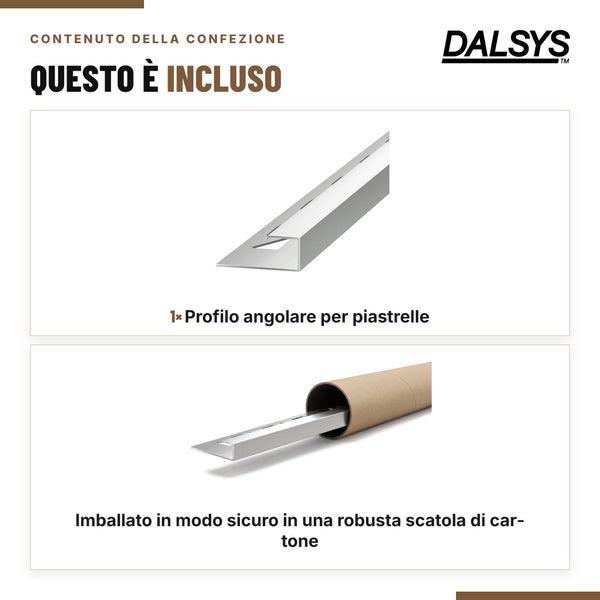 Dalsys Fliesenwinkelprofil in einer stabilen Versandrolle aus Pappe inklusive Verpackungsinformationen.