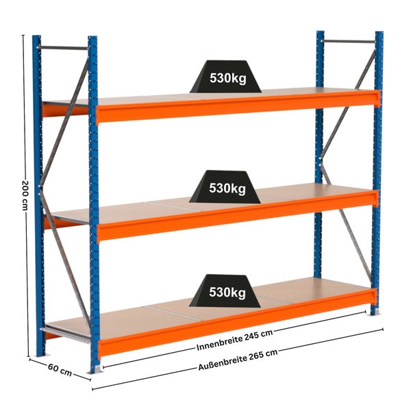 Lagerregal mit drei Ebenen, Abmessungen und Gewichtsangabe