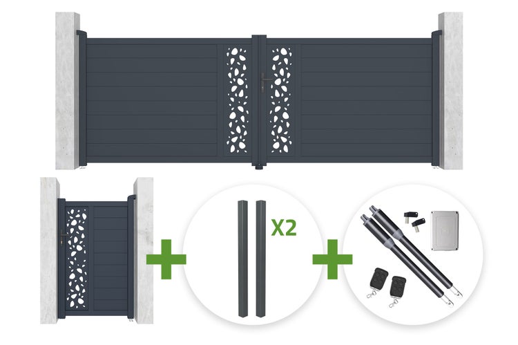 Set aus Doppelflügeltor mit Dekorelementen, Einzelflügeltor, zwei Pfosten und elektrischem Antriebsset mit Fernbedienungen.