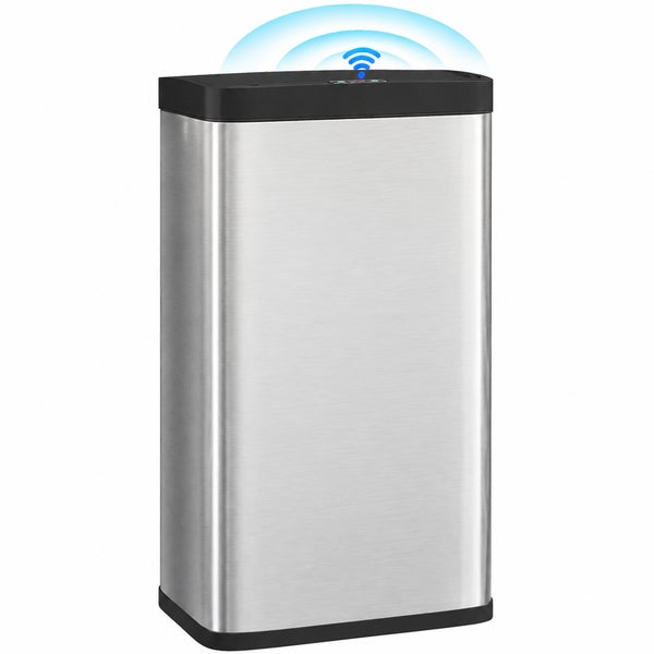 Sensor-Abfalleimer aus Edelstahl mit automatischem Deckel und Bewegungsmelder für berührungsloses Öffnen.