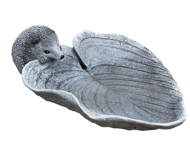 Gartendekoration Igel auf einem Blatt aus Kunststein als Futterschale oder Vogeltränke