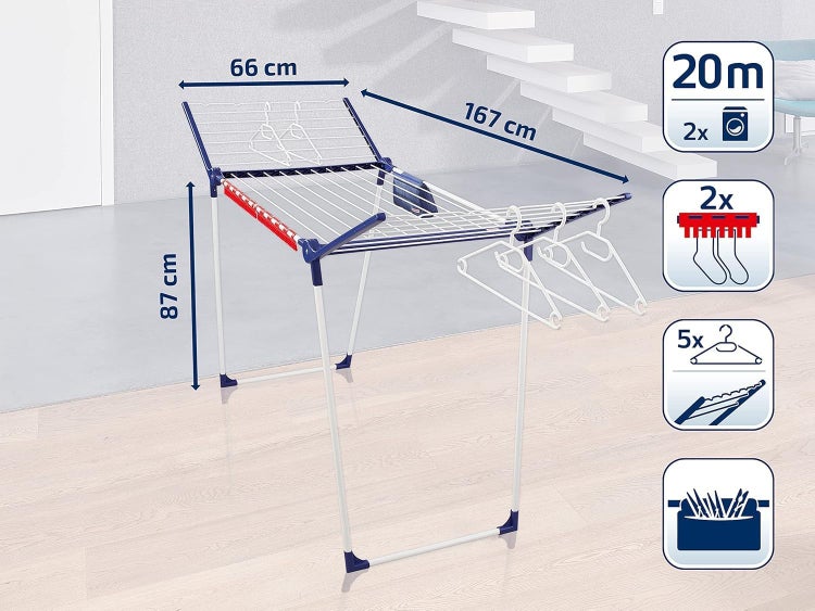 Leifheit Standtrockner Pegasus 200 Solid Comfort mit 20m Trockenlänge, Flügelwäschetrockner für lange Wäschestücke, Wäscheständer mit Bügelstangen