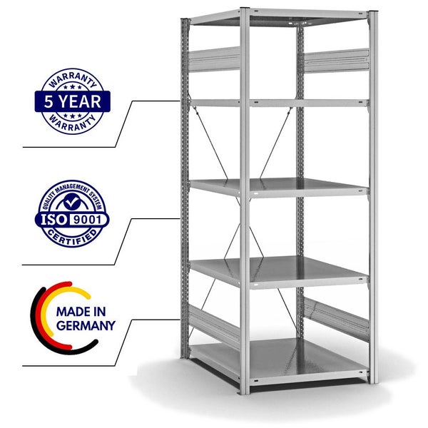 PROREGAL Fachbodenregal Stecksystem T-Profil Medium-Duty Grundregal HxBxT 200 x 75 x 80 cm 5 Ebenen Fachlast 230 kg Einseitig Nutzbar Verzinkt