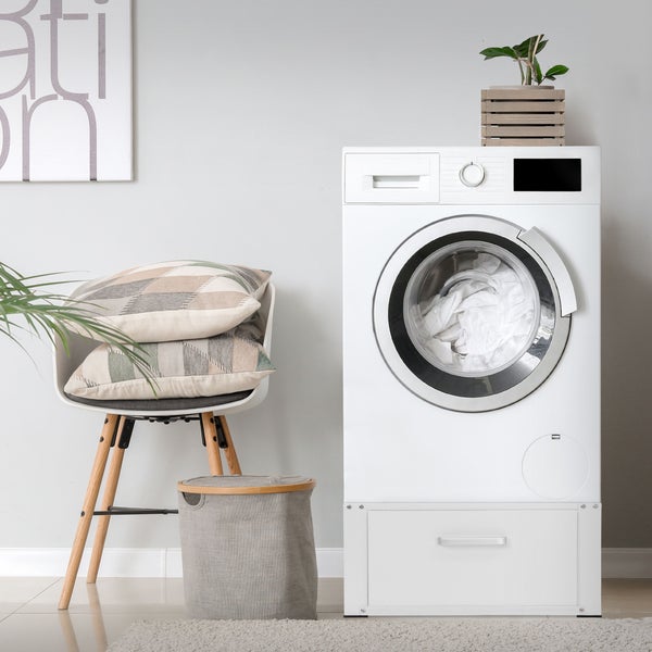 ML-Design Waschmaschinen Untergestell mit Schublade 63x54cm Stahl Weiß bis 150kg, Waschmaschinen-Unterschrank, Stabiler Waschmaschinensockel, H=31,5cm Podest Erhöhung Unterbau für Trockner/Kühlschrank