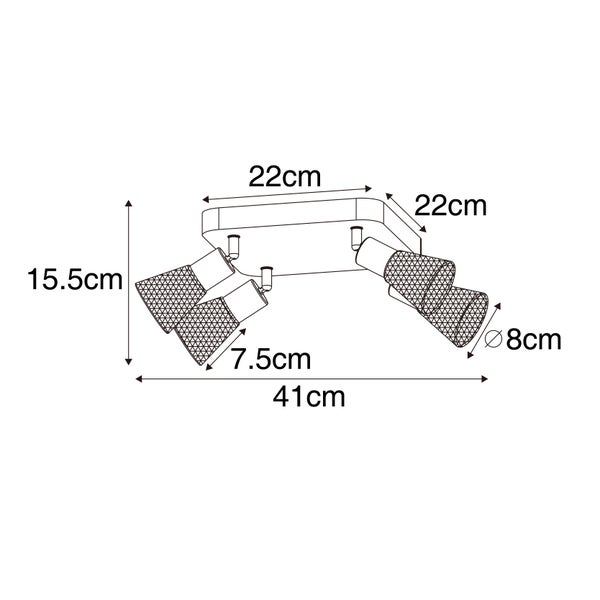 Technische Zeichnung einer Deckenleuchte mit drei Strahlern und Maßangaben.
