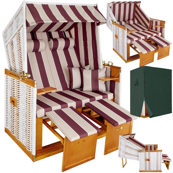 Strandkorb tectake Sylt 115 x 158 x 78 cm gepolstert mit ausziehbaren Fußbänkchen rot/weiß