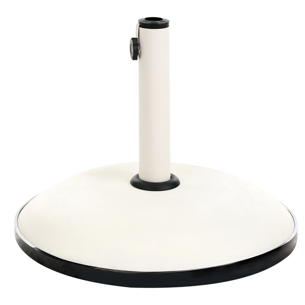 Runder Sonnenschirmständer aus Beton mit weißem Standrohr und Feststellschraube.