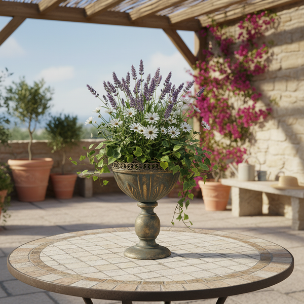 Dekorative Gartenamphore auf einem Mosaiktisch mit Lavendel, Margeriten und Efeu auf einer sonnigen Terrasse.