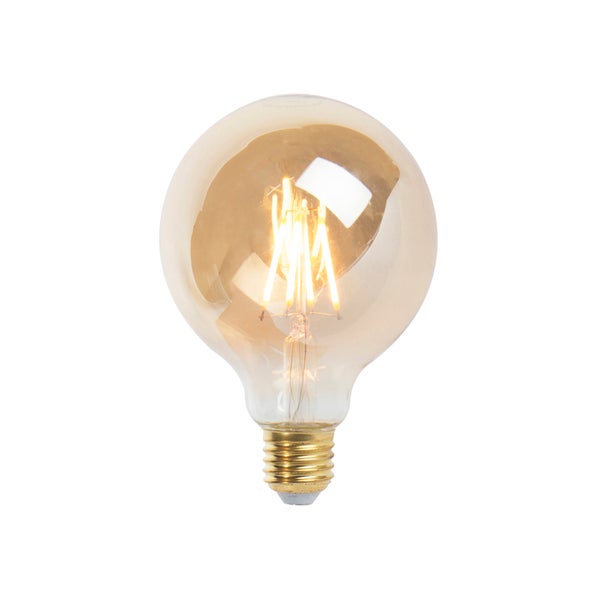 LED-Filament-Leuchtmittel in Globe-Form mit E27-Sockel und bernsteinfarbenem Glas.