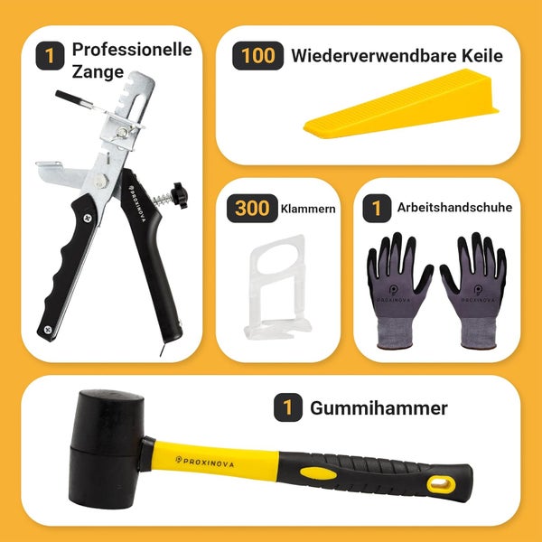 Proxinova Fliesen-Nivelliersystem 2mm, 400-Teile-Kit: 300 Fliesenausgleichsclips, 100 Keile | Fliesennivellierzange, Gummihammer, Arbeitshandschuhe