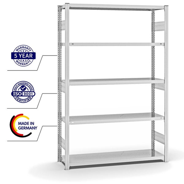 PROREGAL Fachbodenregal Stecksystem T-Profil Heavy-Duty Grundregal HxBxT 200 x 130 x 40 cm 5 Ebenen Fachlast 315 kg Beidseitig Nutzbar Lichtgrau