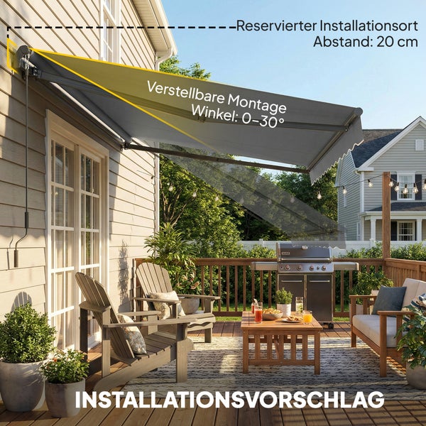 Gelenkarmmarkise auf einer Terrasse aus Holz mit Möbeln und Grill, verstellbarer Neigungswinkel von 0 bis 30 Grad.