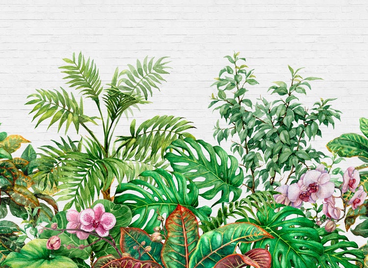 Fototapete mit Illustrationen tropischer Pflanzen wie Monstera, Palmen und Orchideen vor einer Ziegelwand.