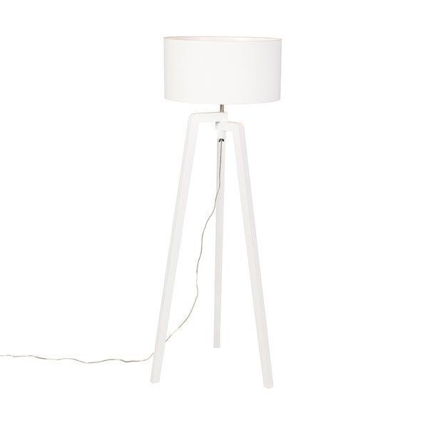 QAZQA - Modern Stehlampe Stativ weißes Holz mit weißem Schirm 50 cm - Puros I Wohnzimmer I Schlafzimmer - Länglich - LED geeignet E27