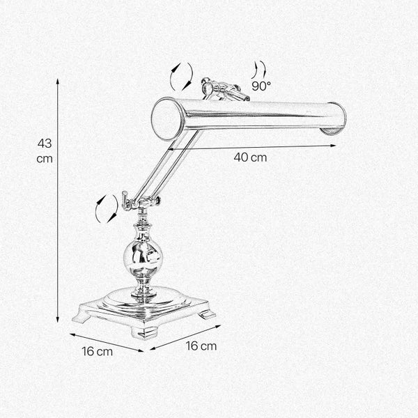 Skizze einer verstellbaren Schreibtischleuchte mit den Maßen 43 cm Höhe, 40 cm Länge und 16 cm Breite.