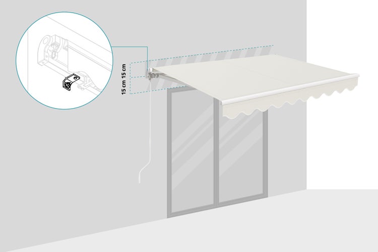 Skizze einer Markise mit Abstandsangabe für die Montage