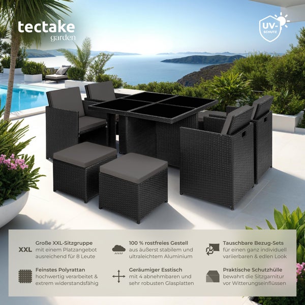 Rattan Sitzgruppe tectake Manhattan 2 Bezugssets, zusammenschiebbar, inklusive Schutzhülle mit Aluminiumgestell schwarz