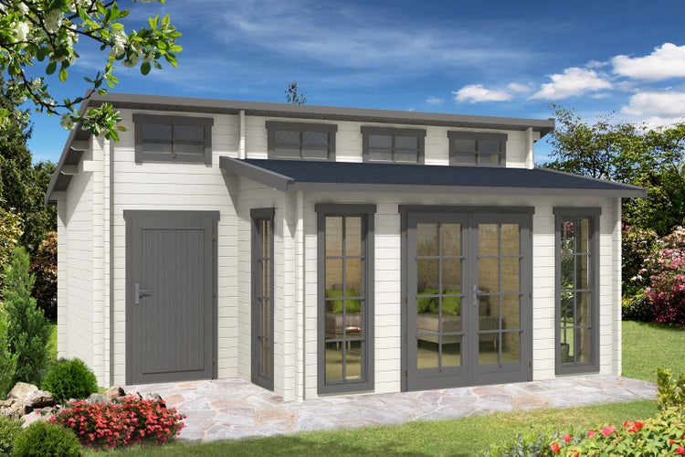 Modernes Gartenhaus mit Glasfront und Vater mit Kind auf den Schultern