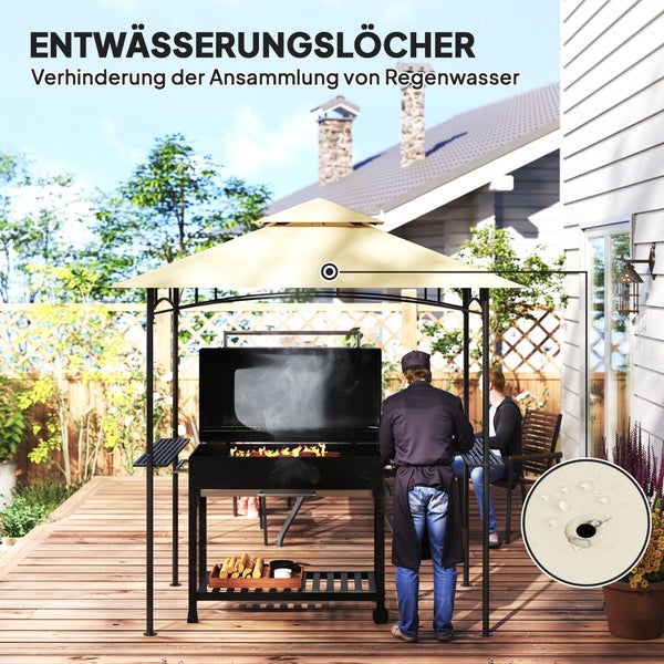 Outsunny Grillpavillon mit LED 240 x 150 x 258 cm wasserabweisend flammhemmend Gartenpavillon mit Doppelschichtdach, Seitenregalen, Gartenlauben mit UV-Schutz, BBQ Pavillon für Party BBQ Beige