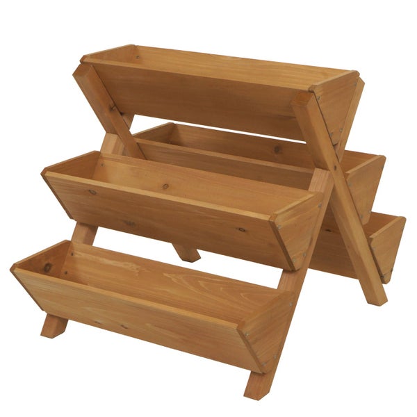 Dreistöckige Pflanztreppe aus Holz in A-Form mit mehreren Pflanzkästen.