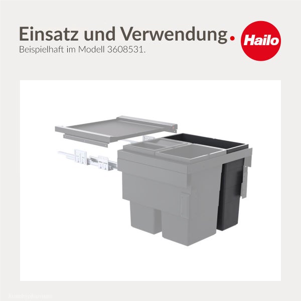 Hailo Logo und Abfalltrennsystem mit drei Mülleimern, Auszugschienen und Ablagedeckel für Küchenschränke.