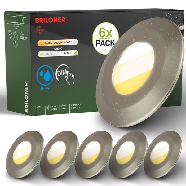 Briloner Einbauleuchten Set mit 6 LED Spots dimmbar und IP44 Schutzart für Feuchträume in flacher Ausführung
