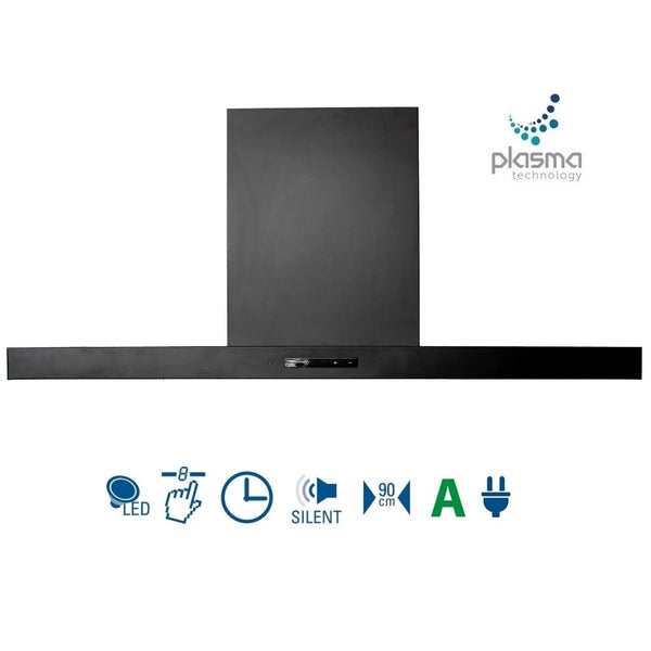 Schwarze Dunstabzugshaube in T-Form, 90 Zentimeter, Plasma-Technologie, LED-Beleuchtung, 8 Stufen, Timer, leise, Energieklasse A, Plasma technology Logo.
