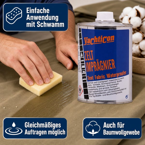 Yachticon Zelt Imprägnierer für Textilien wird mit einem Schwamm auf ein grünes Gewebe aufgetragen.