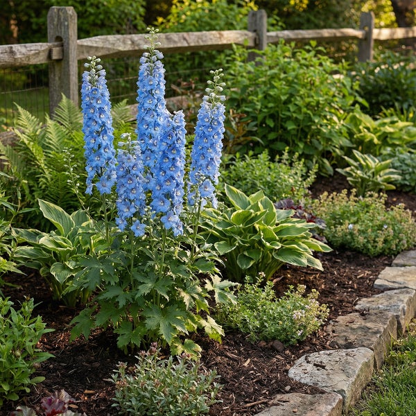 Blauer Rittersporn im bepflanzten Gartenbeet mit Funkien und Farnen vor einem Holzzaun und einer Beeteinfassung aus Naturstein.