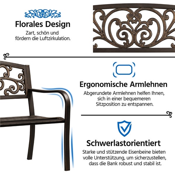 Merkmale einer Gartenbank: florales Design, ergonomische Armlehnen, hohe Belastbarkeit