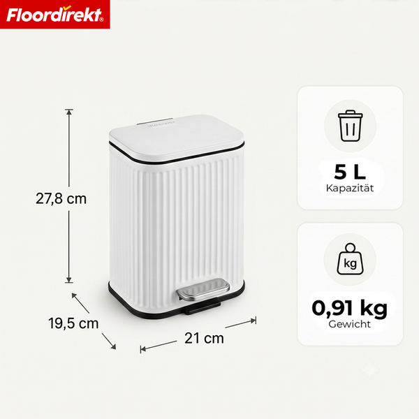 Floordirekt Logo, Treteimer, 5 Liter Fassungsvermögen, 0,91 Kilogramm Gewicht, Maße 27,8 mal 21 mal 19,5 Zentimeter.
