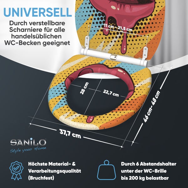 Sanilo WC-Sitz mit Lippen-Motiv im Pop-Art-Stil inklusive verstellbarer Scharniere, Maße und technische Daten für Standard WC-Becken.
