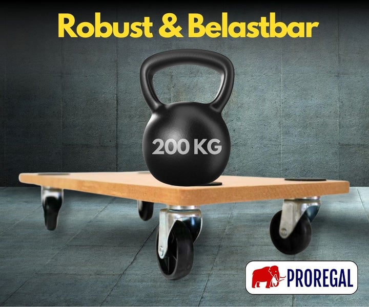 Möbelroller aus Holz mit einer Traglast von 200 Kilogramm und vier Lenkrollen. Proregal Logo.