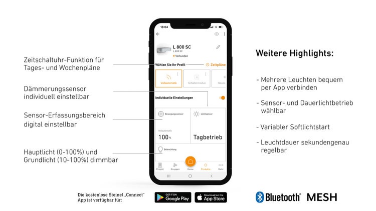 Steinel Connect Applikation auf einem Smartphone zur Steuerung von Beleuchtung mit Funktionen wie Zeitschaltuhr, Sensoreinstellung und Dimmfunktion.