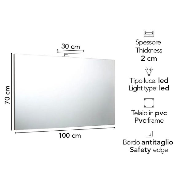 Rechteckiger Spiegel mit LED Lampe, 100 x 70 cm