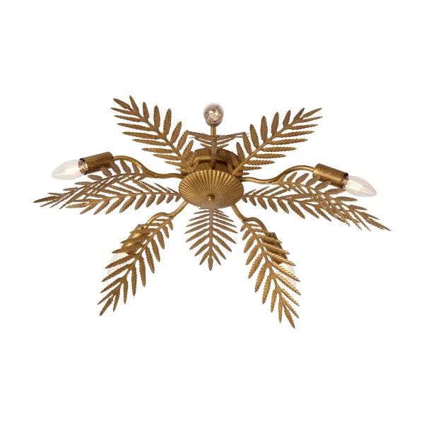 Goldfarbene Deckenleuchte aus Metall in Form von Farnblättern mit fünf Lichtquellen.